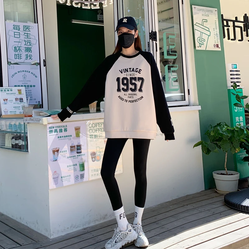美式春秋薄款卫衣女秋冬季圆领拼色时尚数字印花百搭长袖宽松潮牌