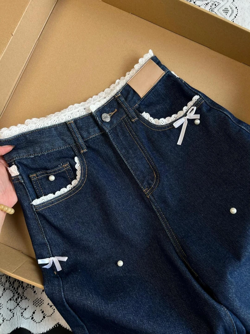 大码秋季设计感水洗蓝色牛仔裤女重工小众宽松显瘦直筒拖地长裤子