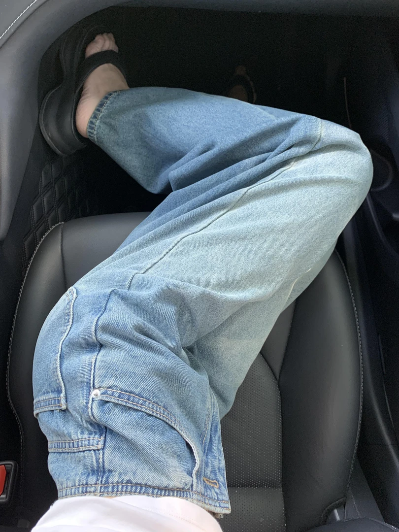 复古水洗做旧蓝色阔腿牛仔裤女装夏季高腰宽松直筒裤拖地裤长裤子