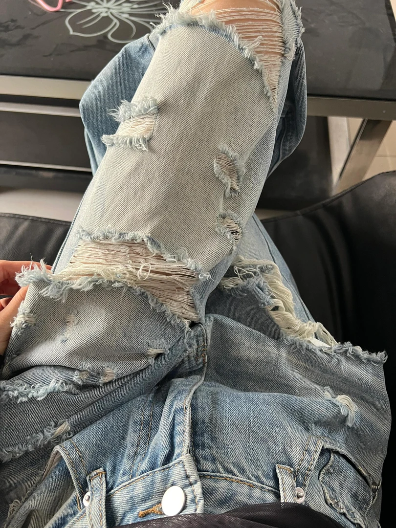 美式高街直筒破洞牛仔裤女夏季新款复古高腰显瘦辣妹拖地乞丐裤兮