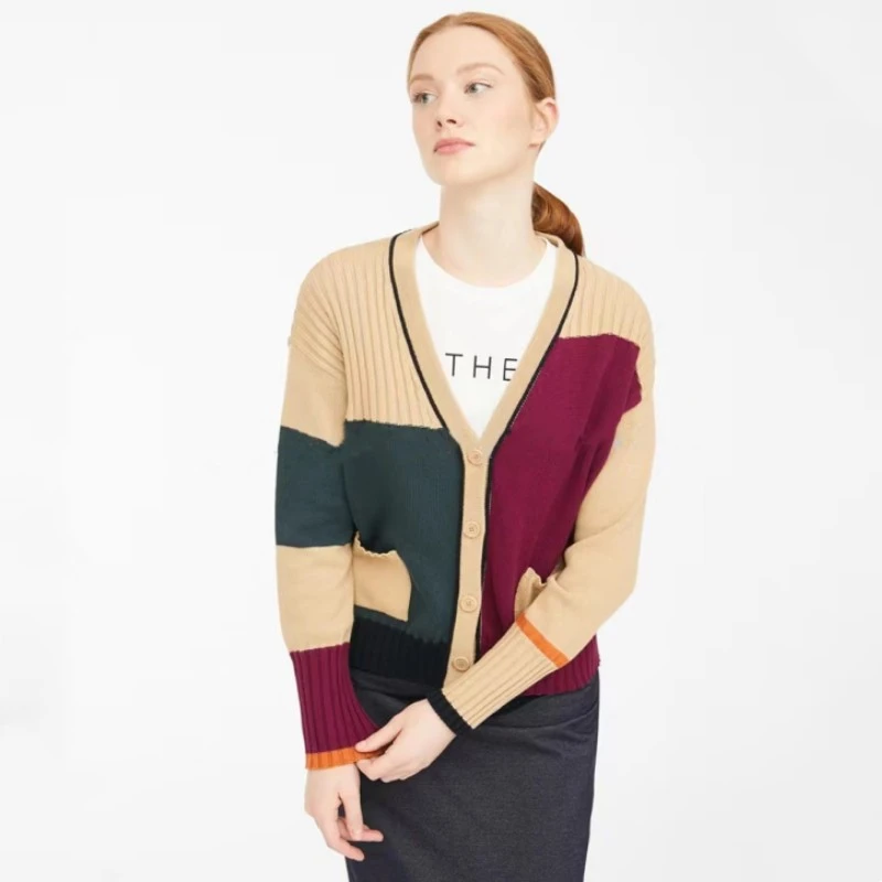 MC21331都市时尚女士春季通勤百搭拼色V领休闲针织单排扣开衫毛衣