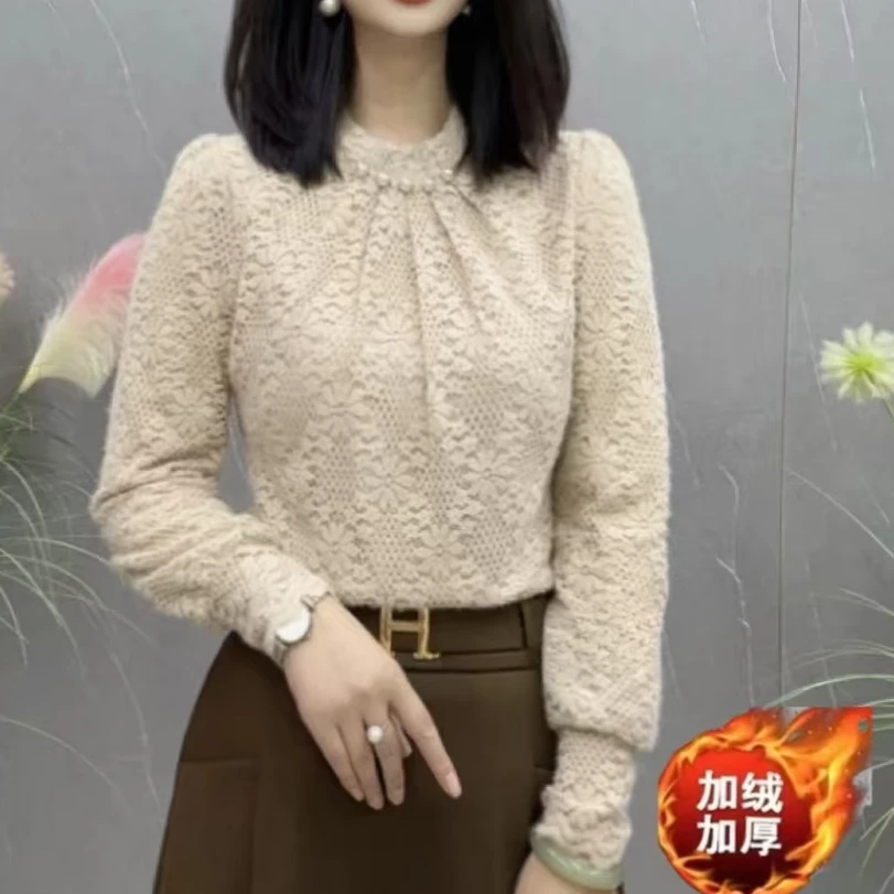 2024秋冬新款五粒珠饰加绒加厚时尚长袖气质百搭蕾丝上衣
