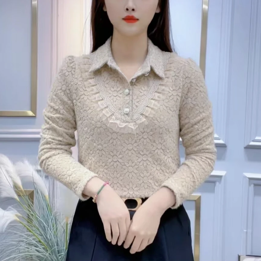 2024冬季新款洋气长袖加绒衬衫女减龄显瘦遮肚子内搭时尚蕾丝衬衣