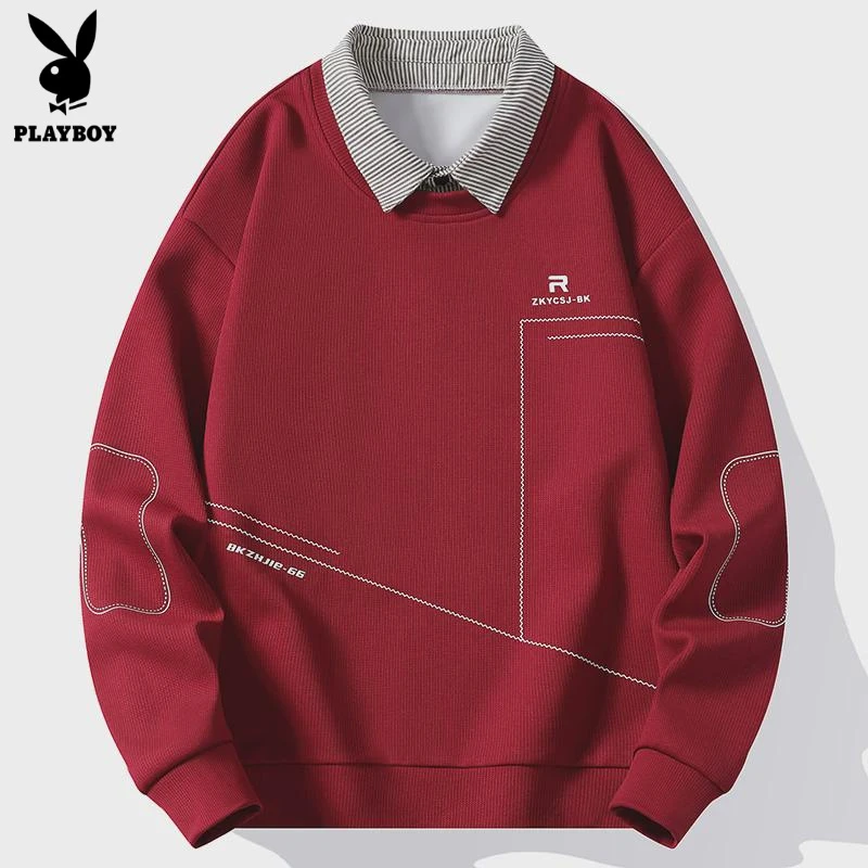 花花公子假两件卫衣男士大红色春秋季潮牌长袖t恤男本命年内搭衬