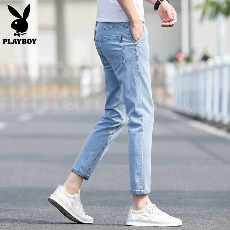 花花公子冬季浅色牛仔裤男士潮流修身帅气弹力九分长裤子男裤新款