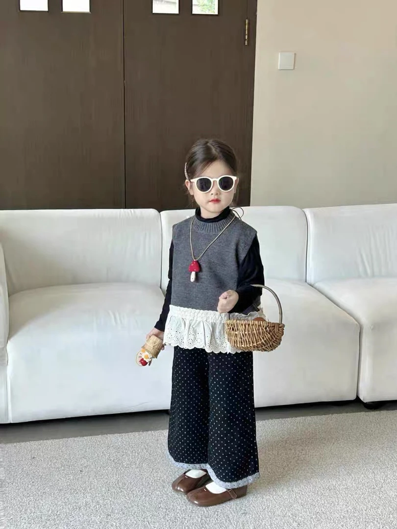 韩版女童秋装毛线三件套女宝洋气秋季毛衣背心打底衣长裤甜美气质