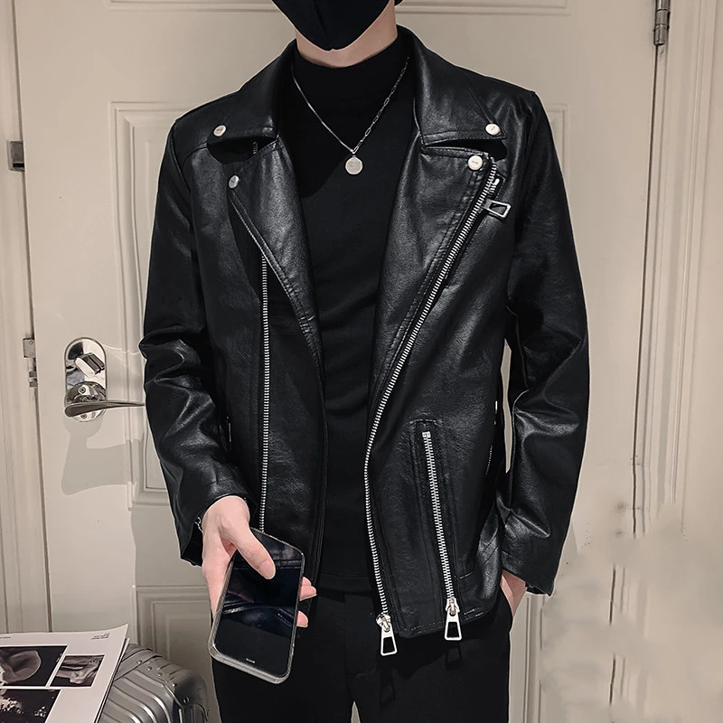 个性金属斜拉链皮衣外套潮牌男装皮夹克机车摩托车加绒夜店设计感