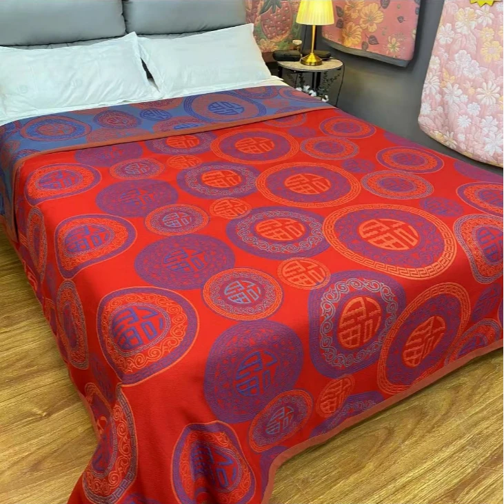 【万福金安】中国红230*250cm多层细沙棉双面通用亲肤透气纱布床盖