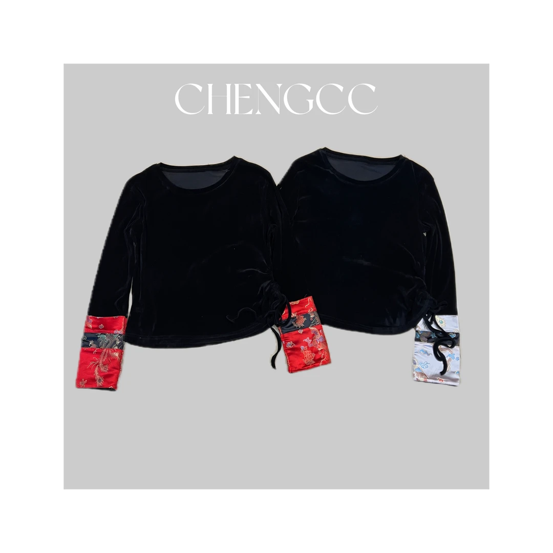 b3190 CC推荐 新中式拼接撞色复古国风圆领打底衫