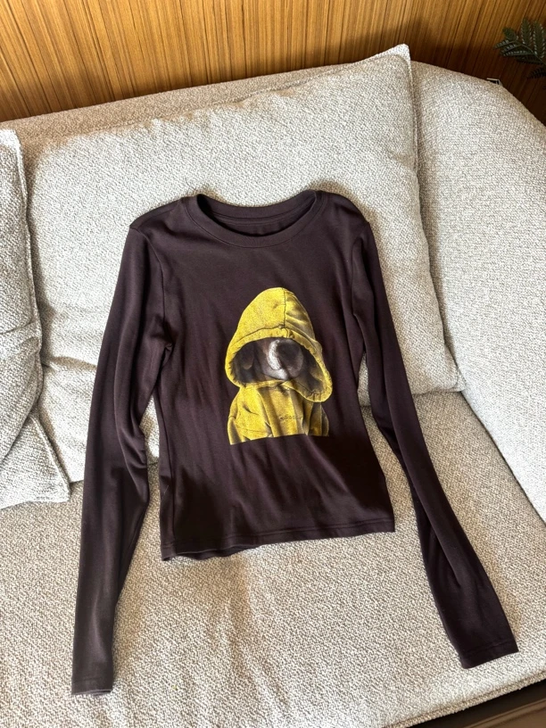 f4330 2024早秋 帽子狗印花T恤长袖打底衫