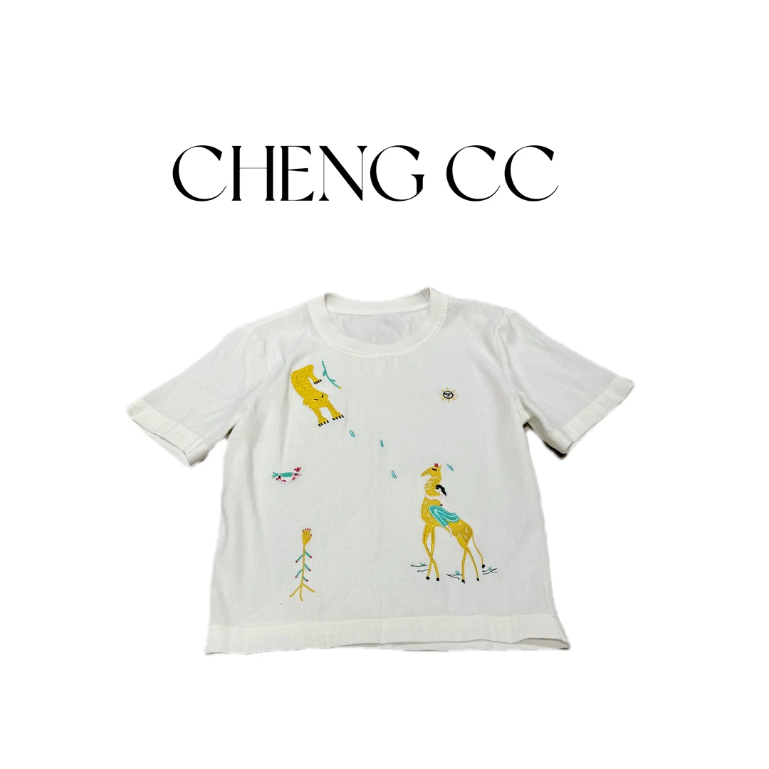 p4127 CC推荐 重工动物刺绣亚麻短袖T恤