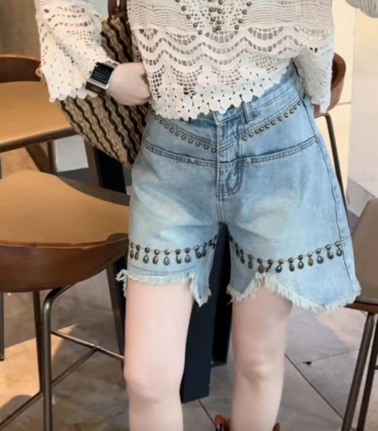 w2372 CC推荐 铆钉高腰显瘦阔腿牛仔五分裤子