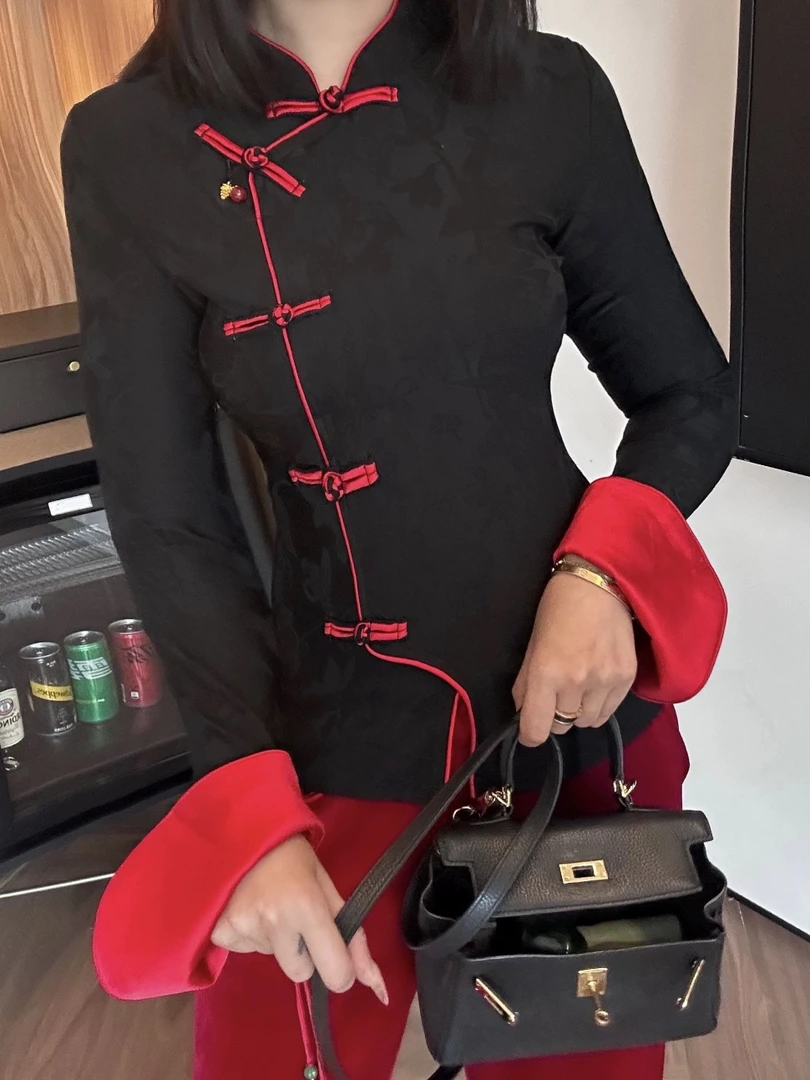 b3163 CC推荐 中式国风黑色收腰气质衬衫上衣