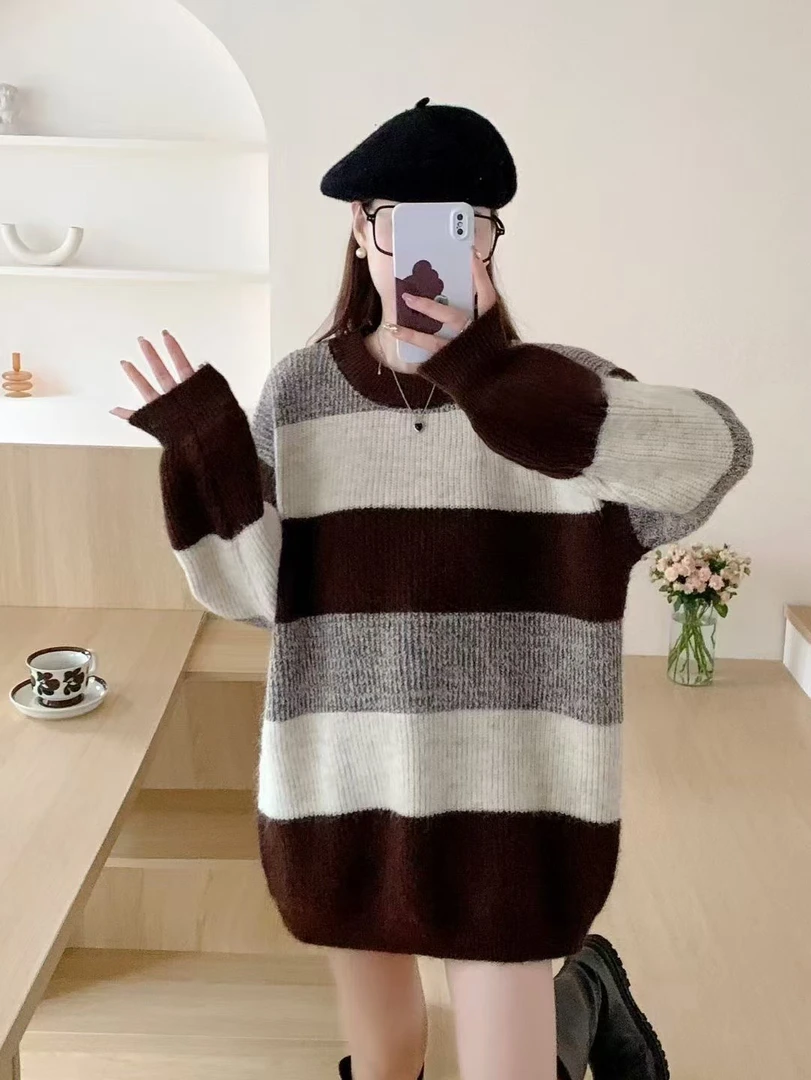 高级感慵懒风撞色条纹中长款针织衫毛衣女秋冬新款内搭外穿