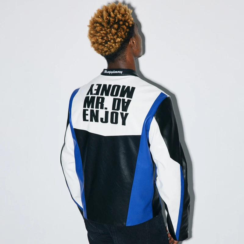 MEDM立体结构美式立领皮衣外套男秋冬宽松机车服拼色皮衣夹棉夹克