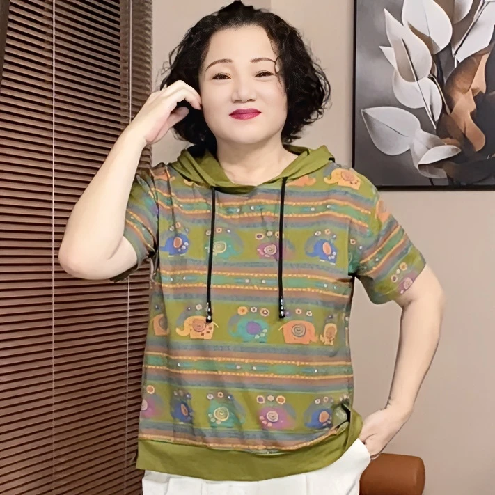 条纹新款连帽印花撞色短板设计时尚潮流百搭常规宽松休闲透气半袖