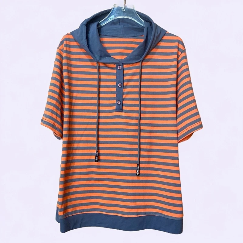 X013休闲连帽夏季条纹百搭时尚女士韩版显瘦潮流宽松短袖