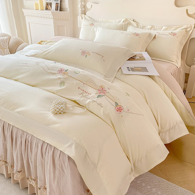 水星系列高端家纺秋冬新品韩版纯棉床裙四件套欧式简约刺绣全棉公