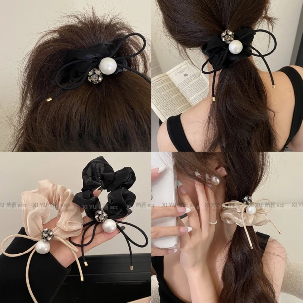 屿西韩版气质闪钻珍珠大肠圈精致高雅少女发绳百搭丸子头马尾头花