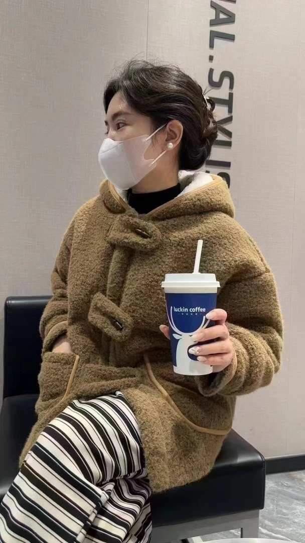 带帽小木扣套装羊羔绒三层加厚套装睡衣女冬款韩系宽松学院风套装