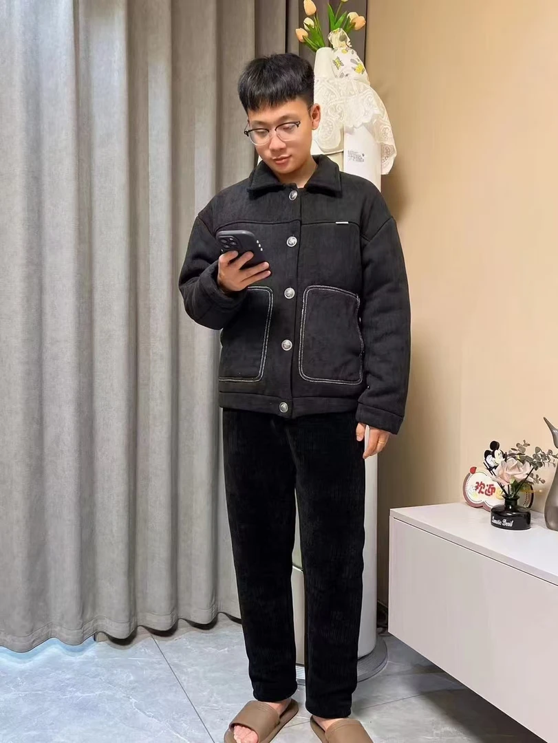 冬季新款男口袋白线三层加绒加厚高品质睡衣家居服可外穿保暖套装