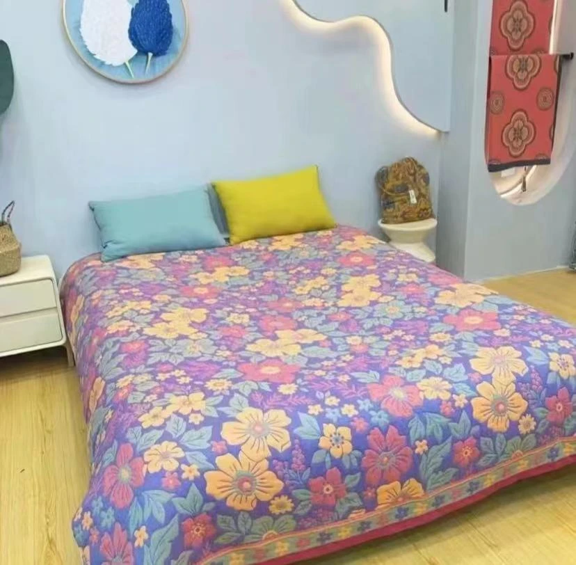 230*250--紫色花多层纱布床盖