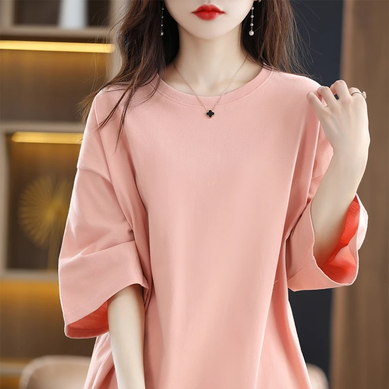 纯棉t恤女25夏季新款宽松短袖落肩袖100纯棉加大中长款新疆棉体恤