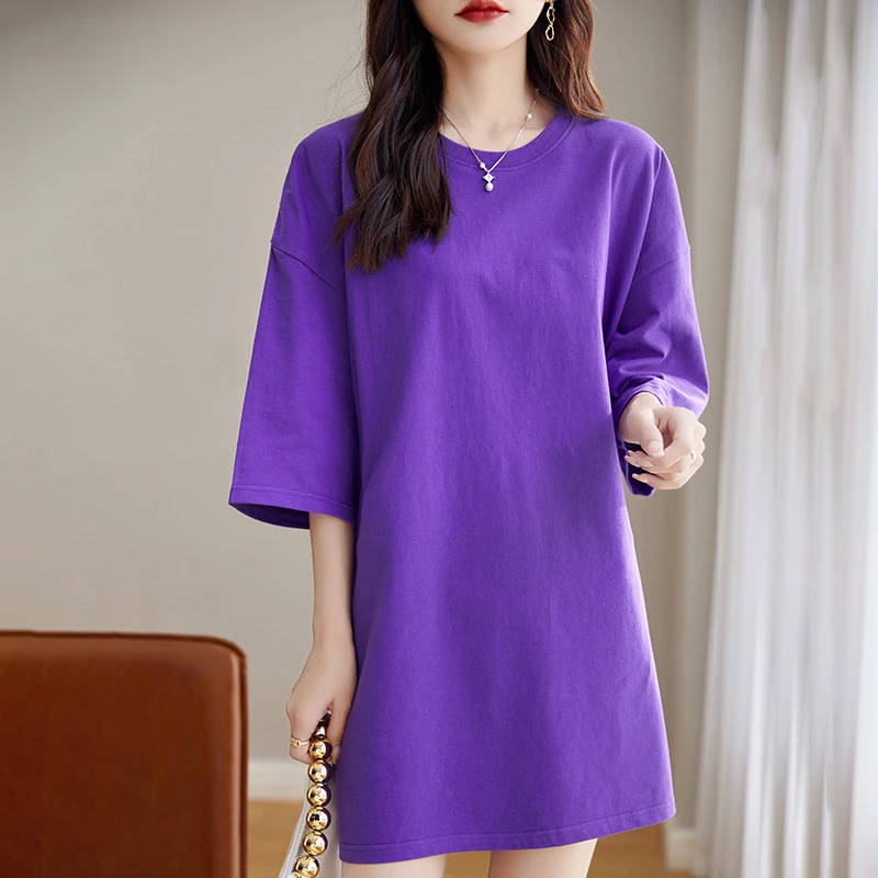 100%纯棉中长款半袖t恤女夏宽松大码胖妹妹大版落肩短袖体恤上衣