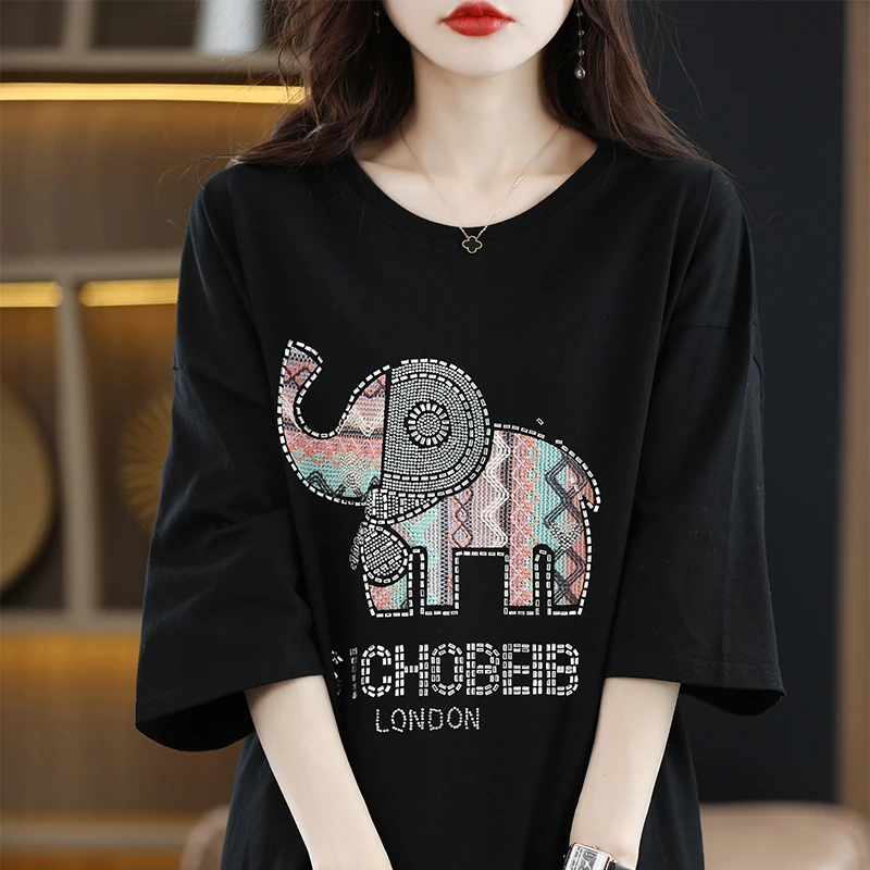 中长款纯棉圆领短袖女烫钻印花时尚T恤宽松大摆睡衣裙背心上衣