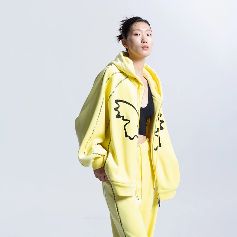 LEDIM WANG刺绣抓绒外套/刺绣抓绒马甲时尚休闲宽松秋冬廓形卫衣