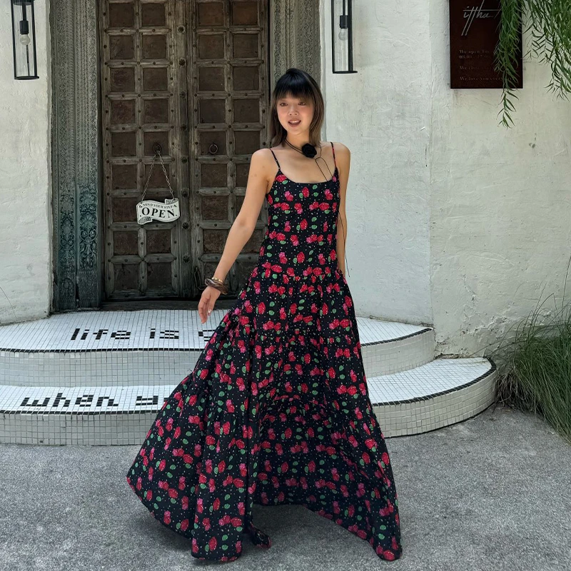 LEDIM WANG玫瑰印花大摆连衣裙女2024夏季新款碎花度假风吊带长裙