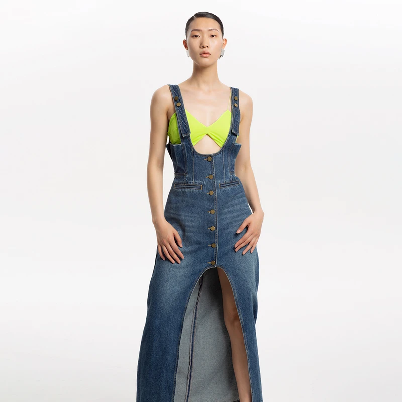 LEDIMWANG显腰细水洗开叉拼接牛仔背带裙连衣裙女春夏修身开叉裙