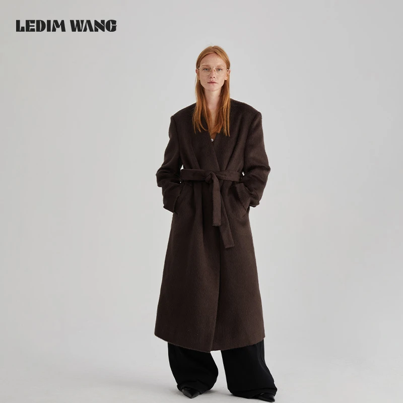 LEDIM WANG苏丽贝贝无领毛呢外套女2024冬季新款高级感直筒大衣