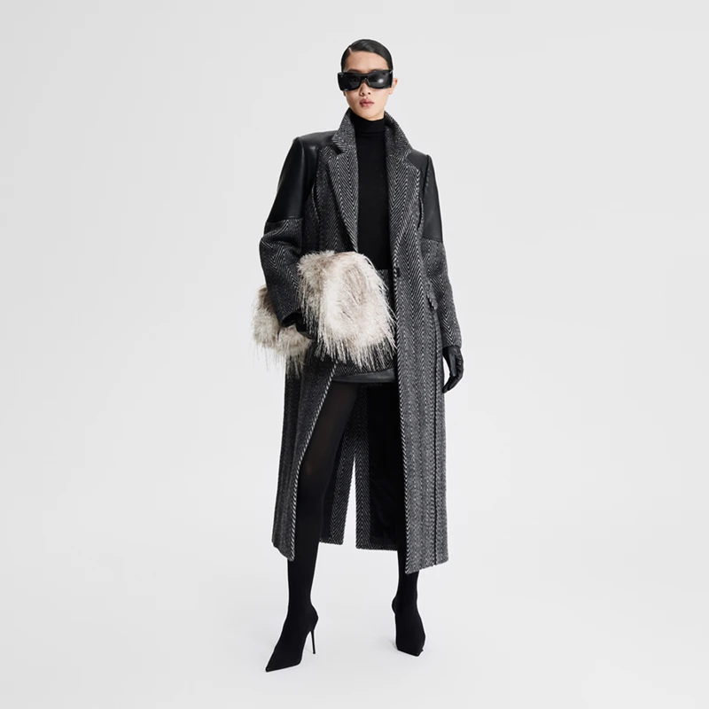 LEDIM WANG冬季拼接人字纹保暖大衣设计师秋冬时尚黑色中长款大衣