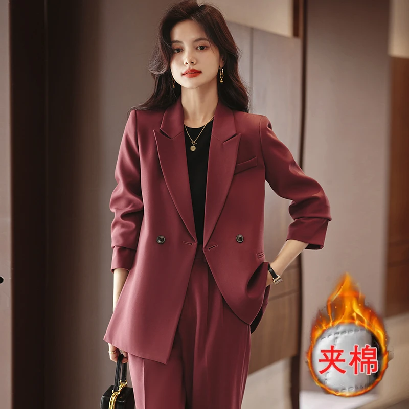 阔腿裤加厚保暖西装套装新款冬季女神范职业休闲工作加棉西服1021