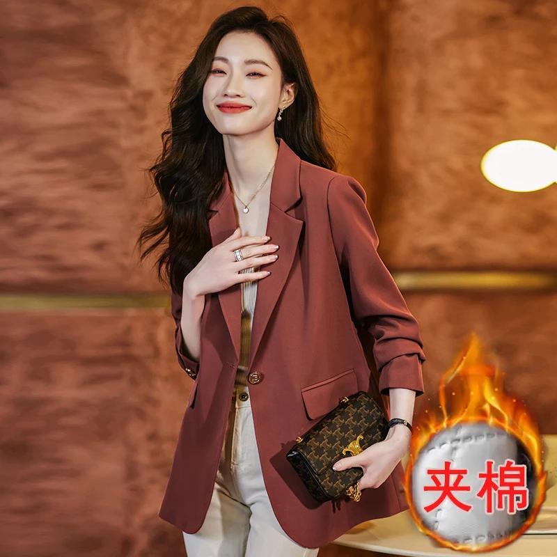 秋冬新款加厚保暖西装外套女修身休闲加棉西服女士设计感上衣801