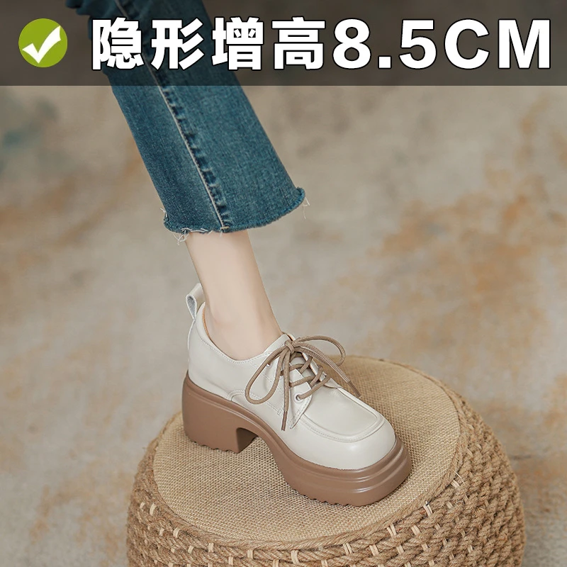 9cm厚底乐福鞋女2025早春新款内增高白色系带英伦风小皮鞋女现货