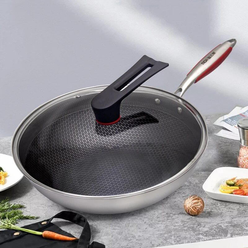 不锈钢双面屏炒锅家用物理不粘锅炒菜锅煤气灶电陶炉通用
