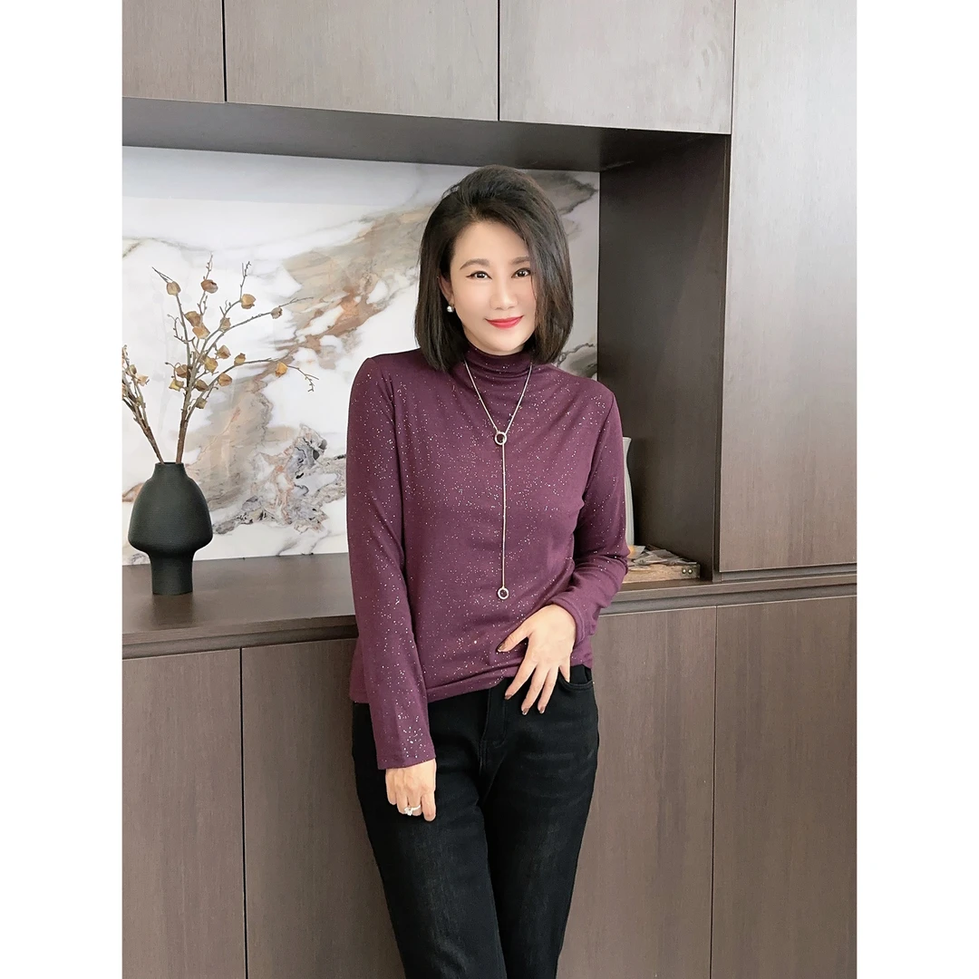 微胖女装【流星雨】直上领撒银拉毛打底秋冬新款百搭上衣20527