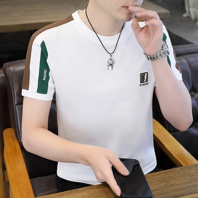 男士短袖T恤潮流百搭修身刺绣t恤男时尚夏季新款白色半袖男装帅气