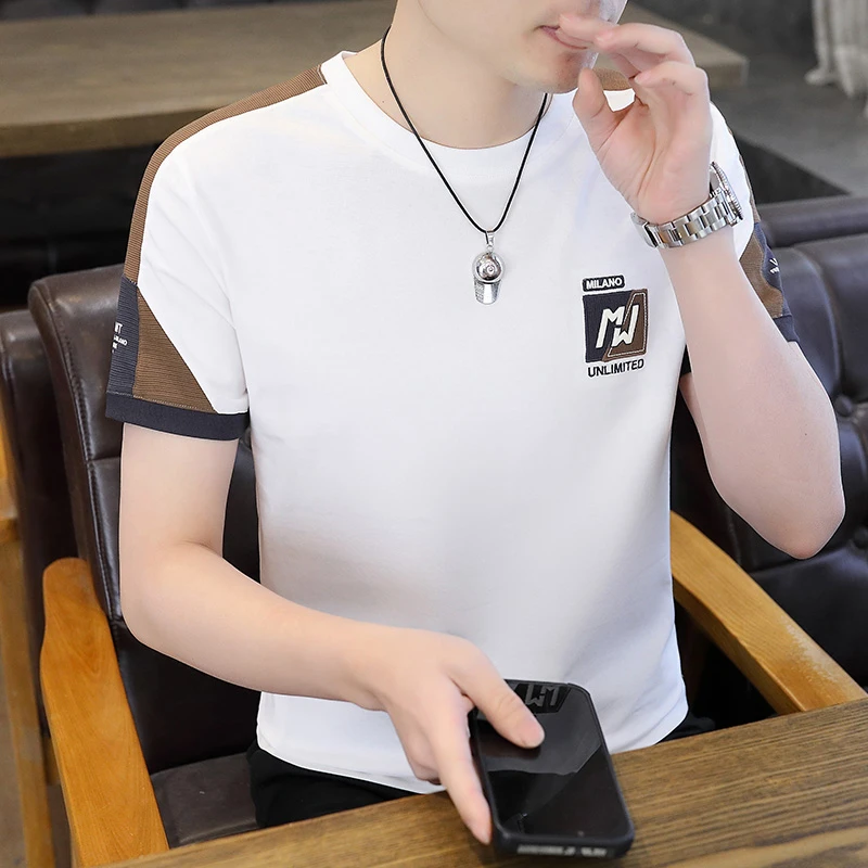 撞色圆领短袖t恤男士2024夏季男短袖潮流时尚百搭T恤男装白色半袖