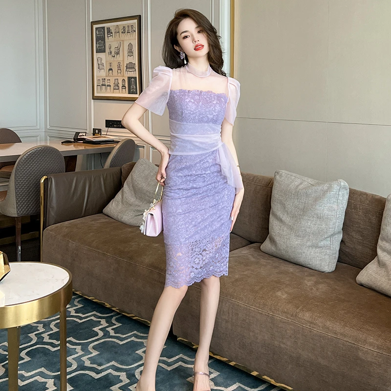 紫色轻奢收腰高级感蕾丝唯美洋气显白修身中长款显瘦连衣裙20366
