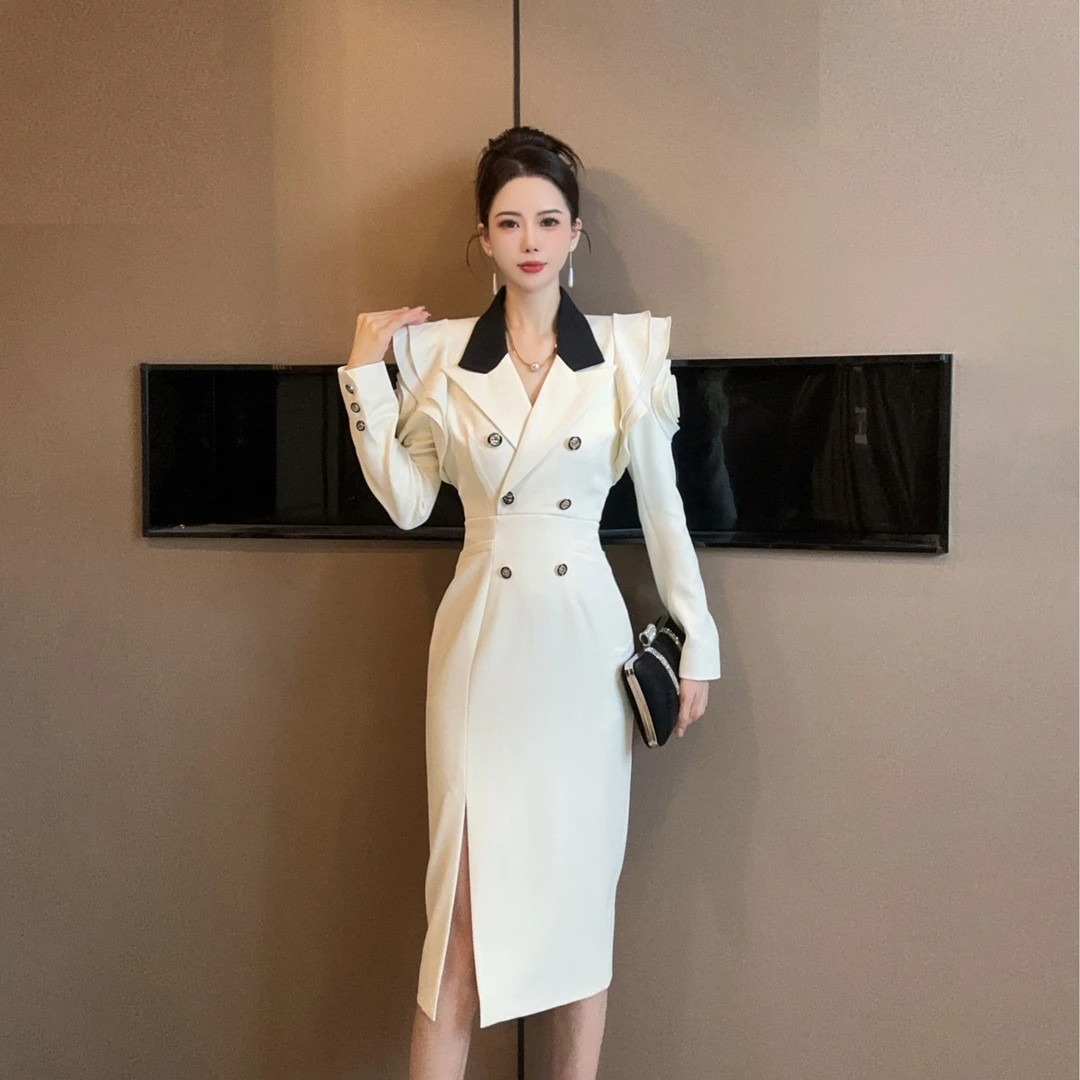 【设计师定制】新款法式时尚轻奢玫瑰花收腰显瘦西装连衣裙61092