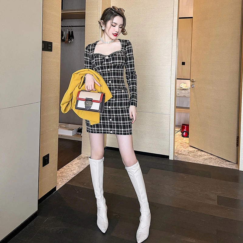 新款时尚轻奢小香风方领格子收腰包臀小个子女装连衣裙20003