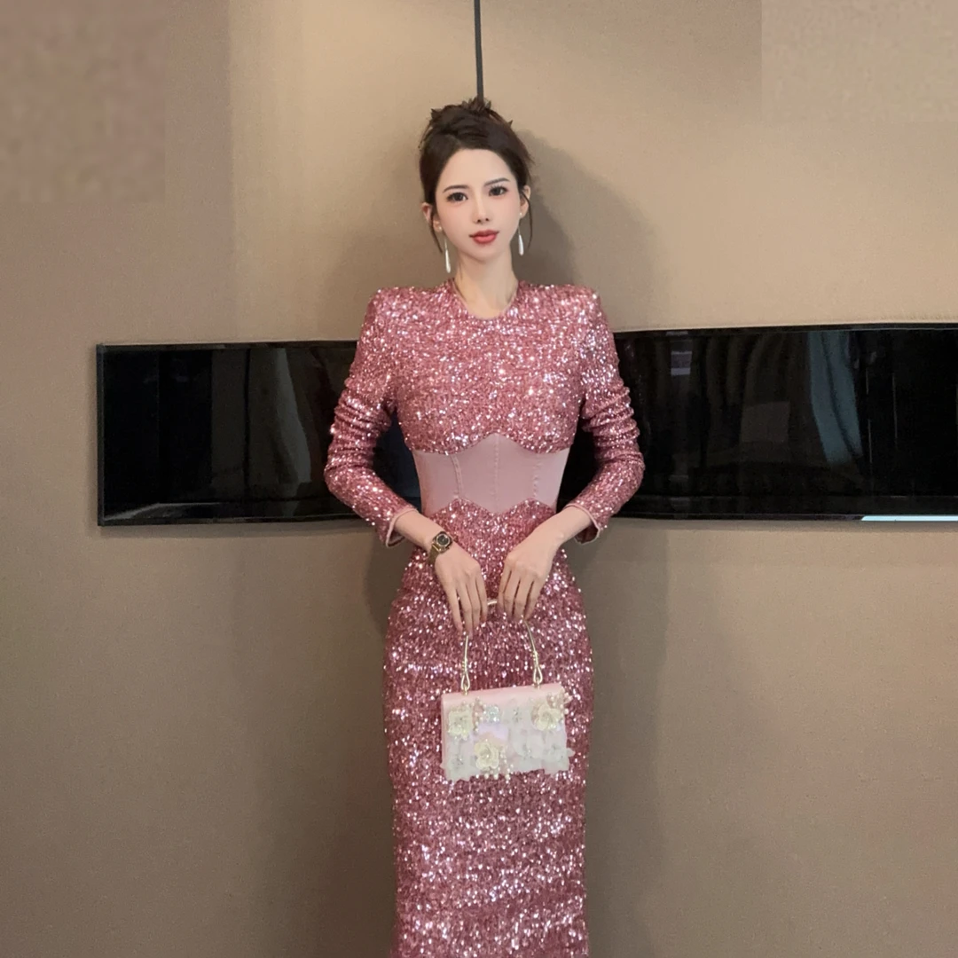 【设计师定制】新款时尚气质名媛风中长款长袖女装连衣裙65127