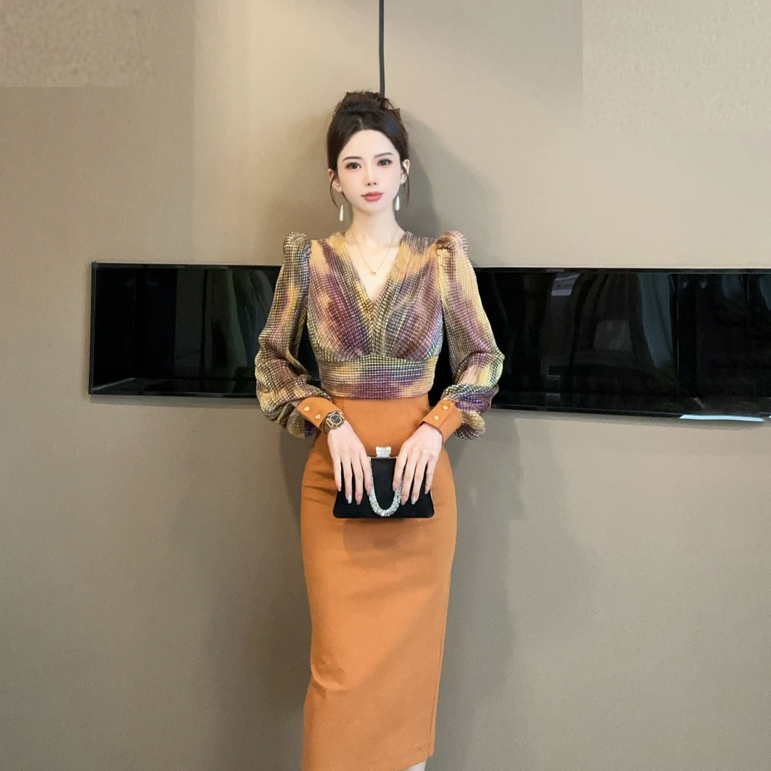 秋冬新款时尚拼接百搭女装长袖连衣裙显瘦70253