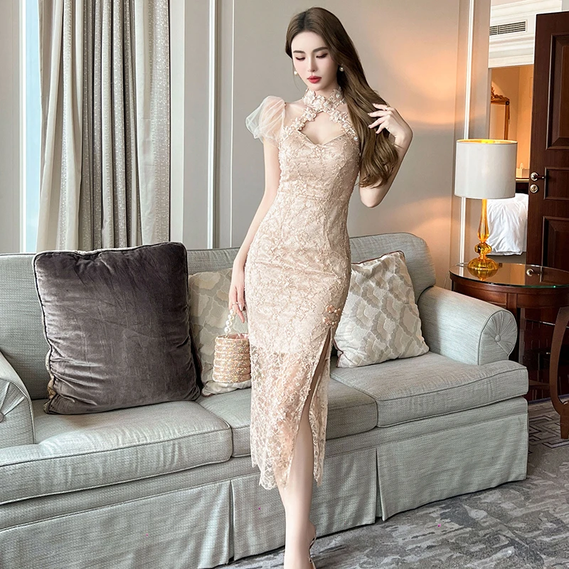 新款蕾丝气质复古法式名媛镂空修身显瘦优雅连衣裙21159
