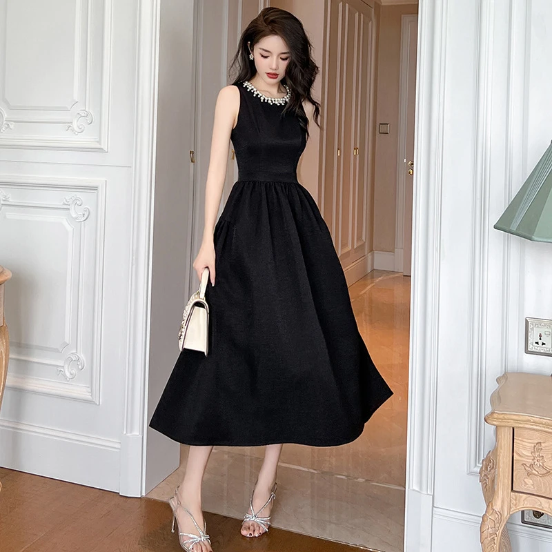 夏季黑色连衣裙女长款新款优雅赫本风气质钉珠A字大摆裙9606