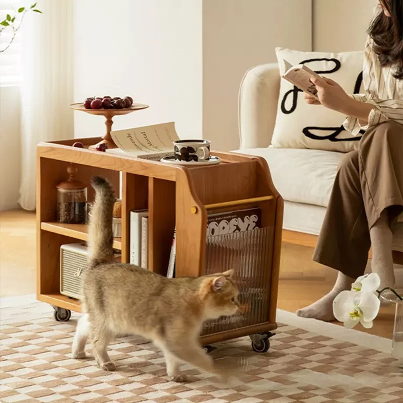 微瑕巴扬小推车置物架复古实木可移动茶几零食中古客厅沙发边几