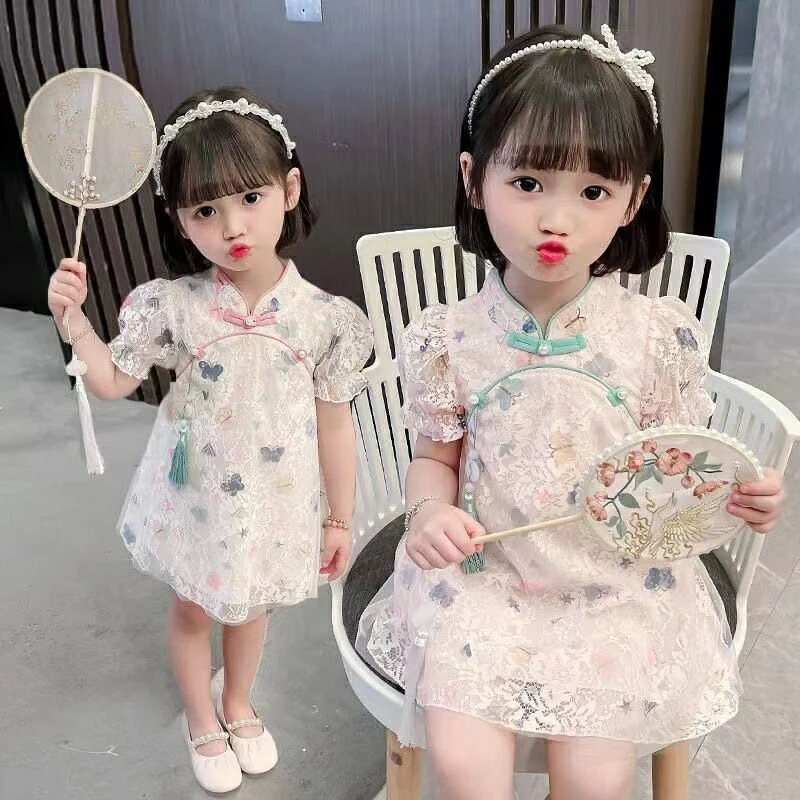 女童旗袍裙2025夏季新款蕾丝裙中小童中国风连衣裙旗袍汉服潮